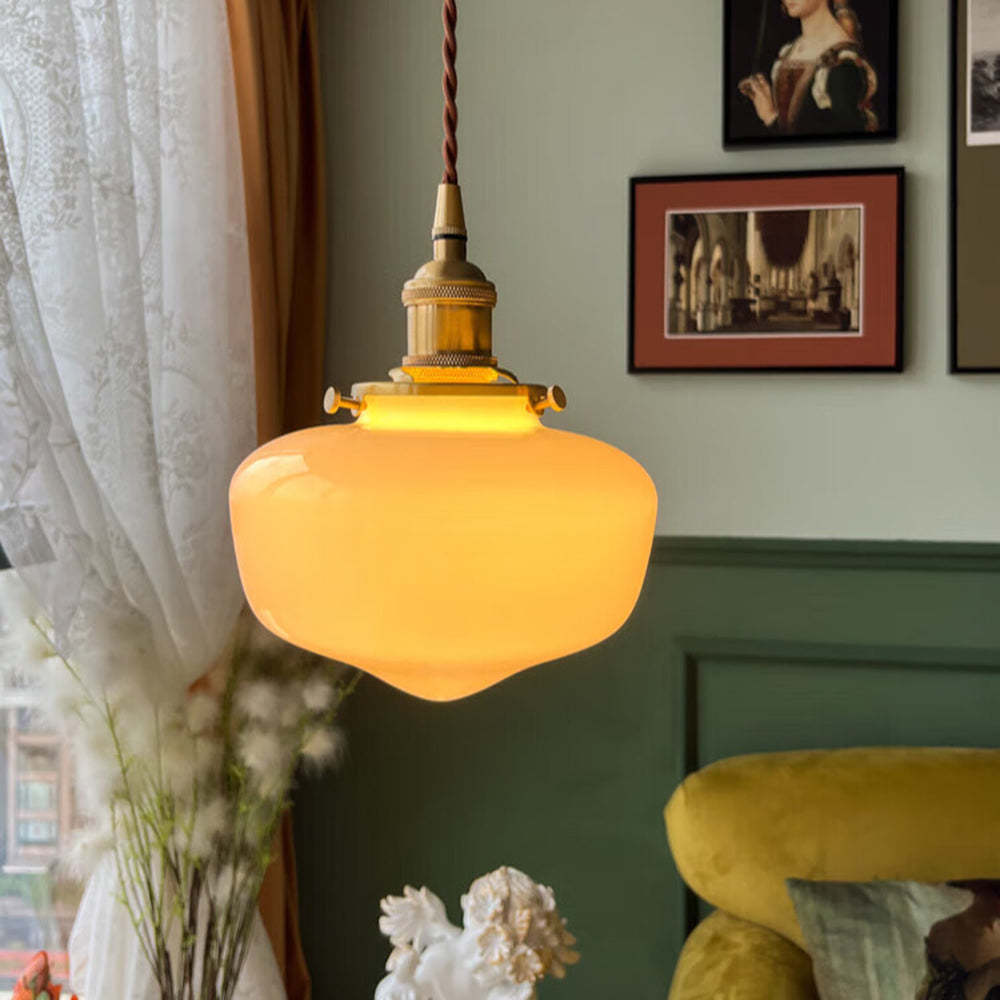 Lampada a Sospensione in Vetro con Lanterna Vintage in Ottone
