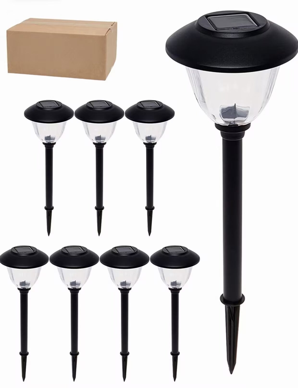 Set di 8 Luci da Giardino Solari con Cappuccio in Metallo e Vetro Trasparente