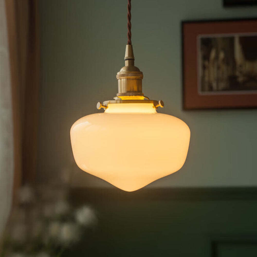 Lampada a Sospensione in Vetro con Lanterna Vintage in Ottone