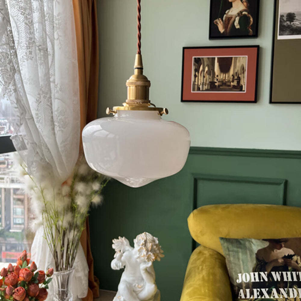 Lampada a Sospensione in Vetro con Lanterna Vintage in Ottone