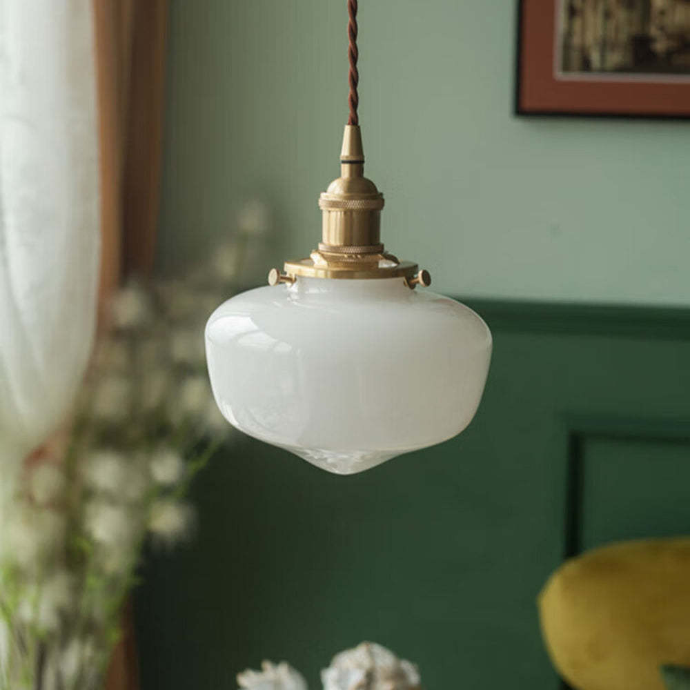 Lampada a Sospensione in Vetro con Lanterna Vintage in Ottone