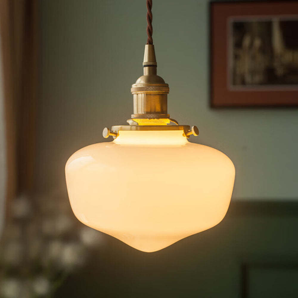 Lampada a Sospensione in Vetro con Lanterna Vintage in Ottone
