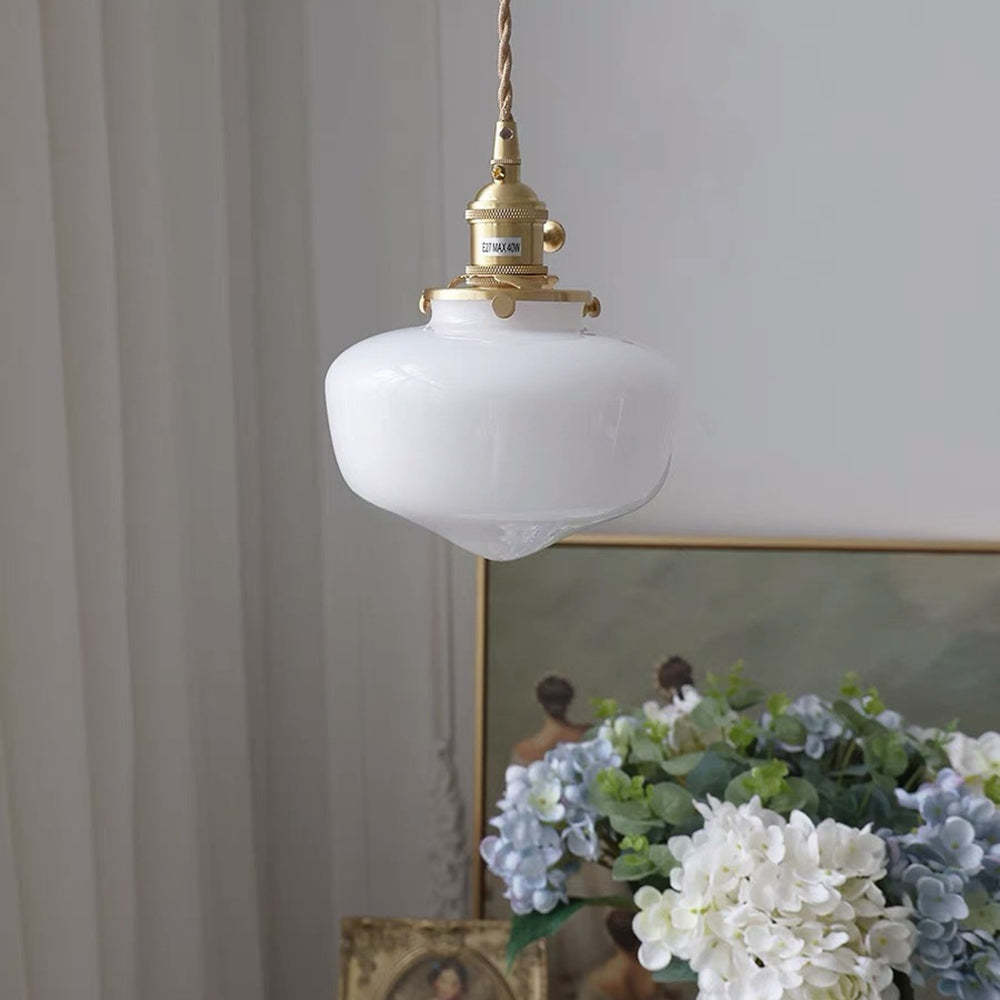 Lampada a Sospensione in Vetro con Lanterna Vintage in Ottone