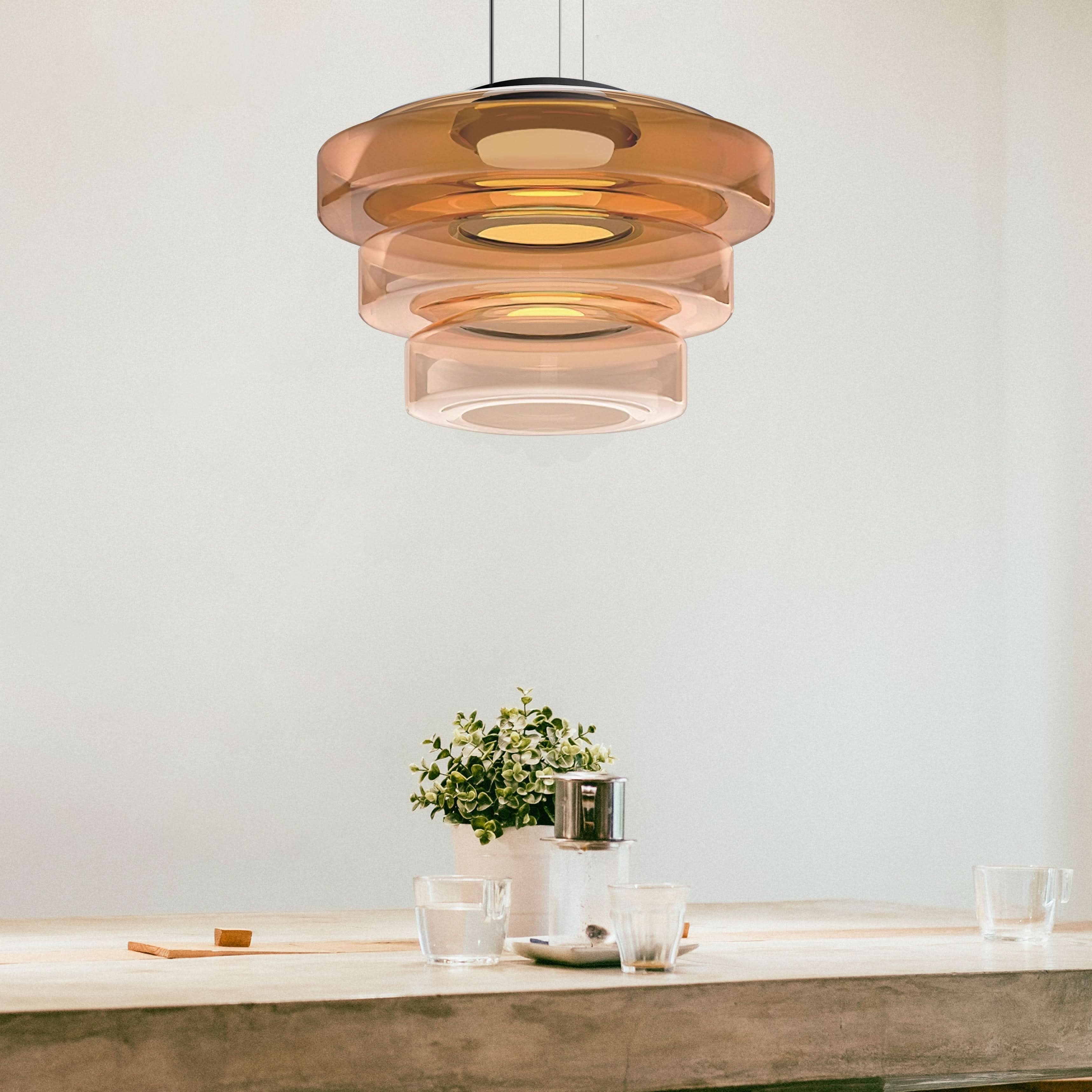 Lampada a sospensione in vetro Bauhaus con lampadina LED calda