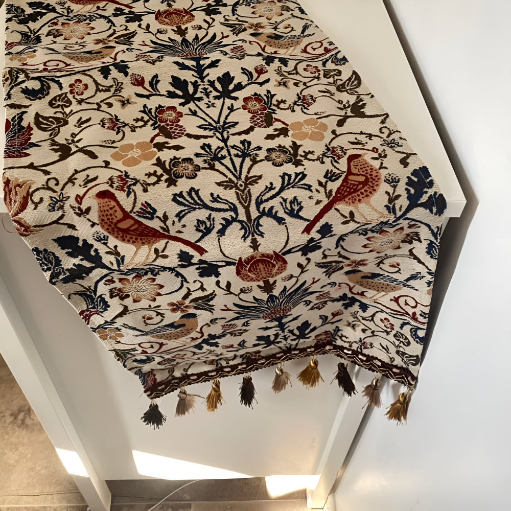 Runner da Tavola Jacquard Vintage con Fiori e Uccelli