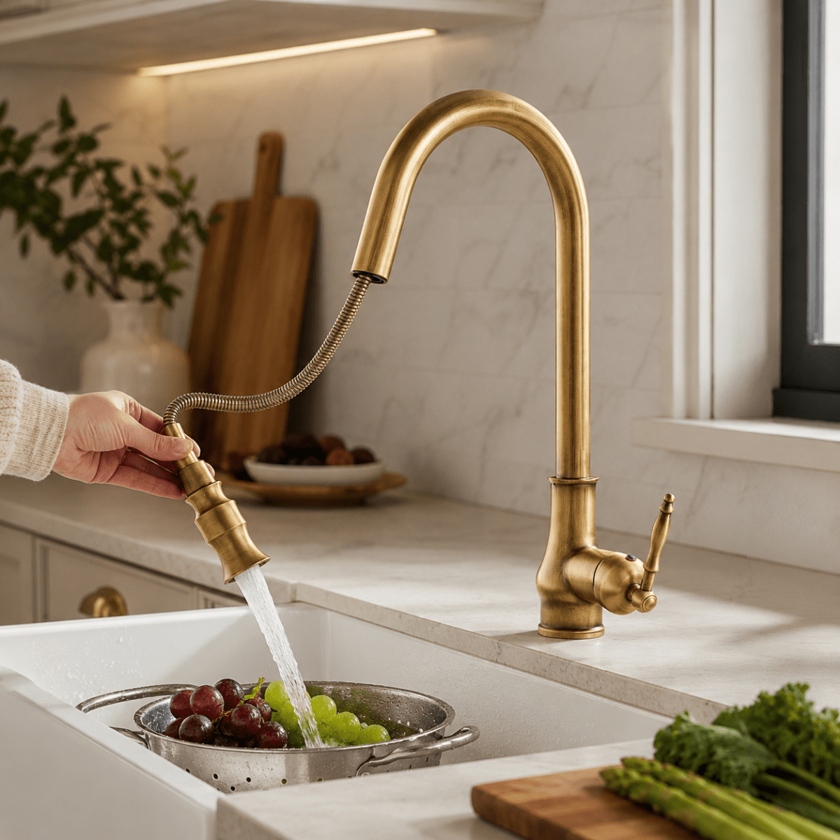 VINTASPOUT – Rubinetto da cucina in bronzo antico con funzione estraibile per un lavoro flessibile al lavello