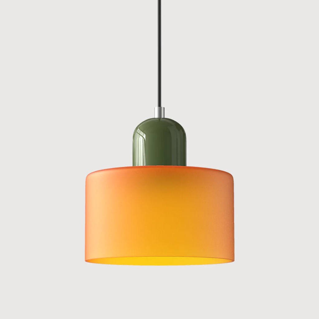 Tusa – Lampada a sospensione retro con cupola di vetro arancione e parte superiore verde