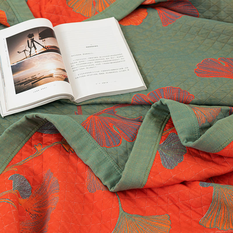 Talune | Coperta in Cotone Biologico con Design Jacquard Traspirante a 3 Strati a Foglia di Ginkgo