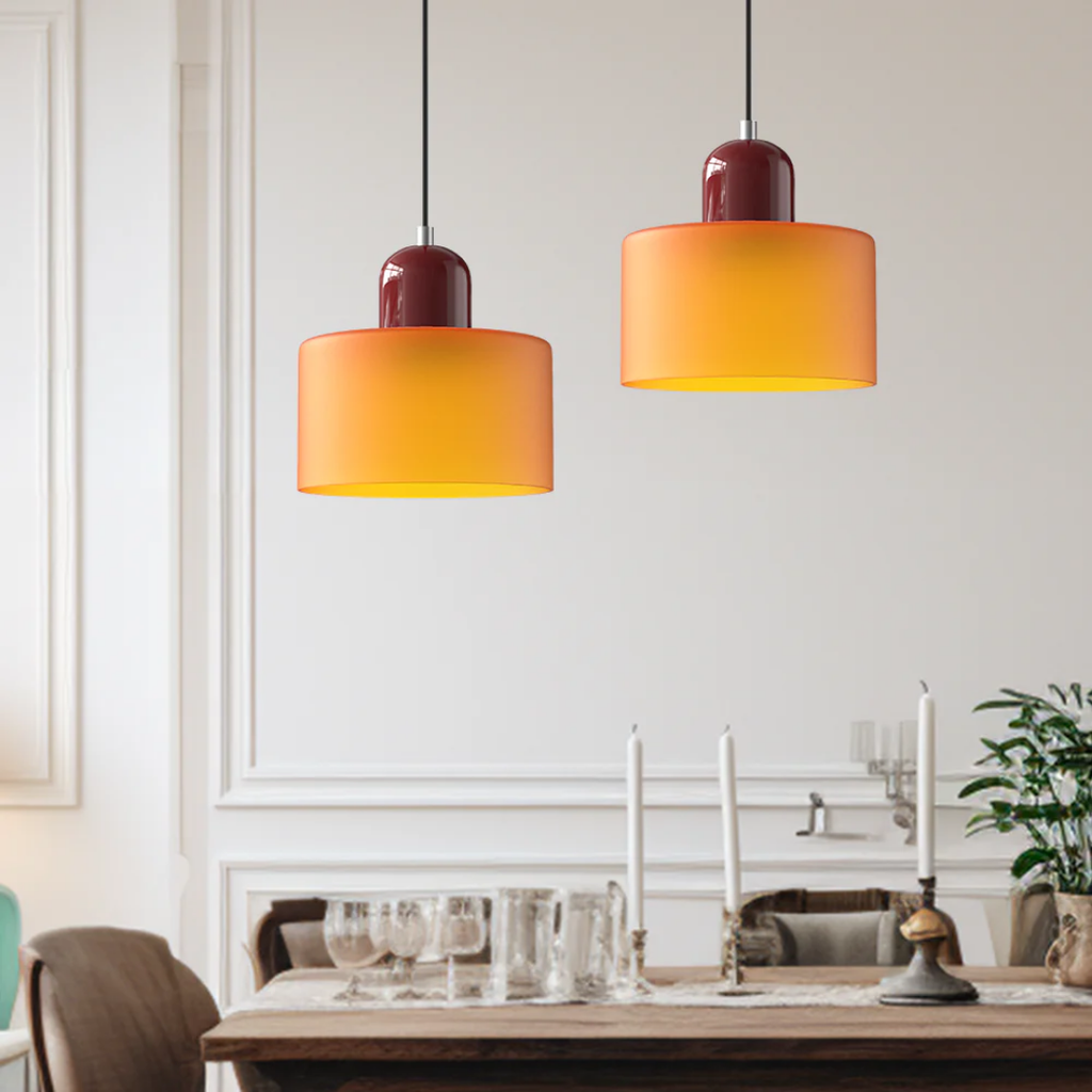 Tusa – Lampada a sospensione retro con cupola di vetro arancione e parte superiore verde