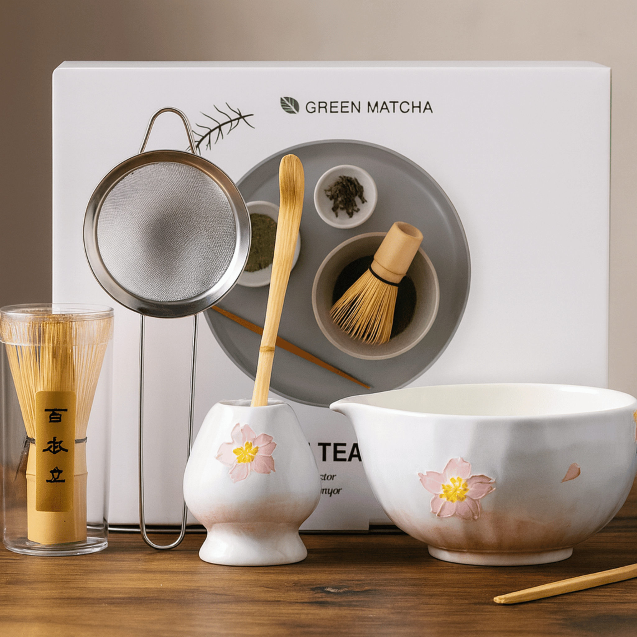 Set da Tè Matcha Giapponese Chado in 5 Pezzi con Fiori di Ciliegio