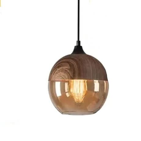 Lampada a Sospensione in Vetro Soffiato e Legno Regolabile