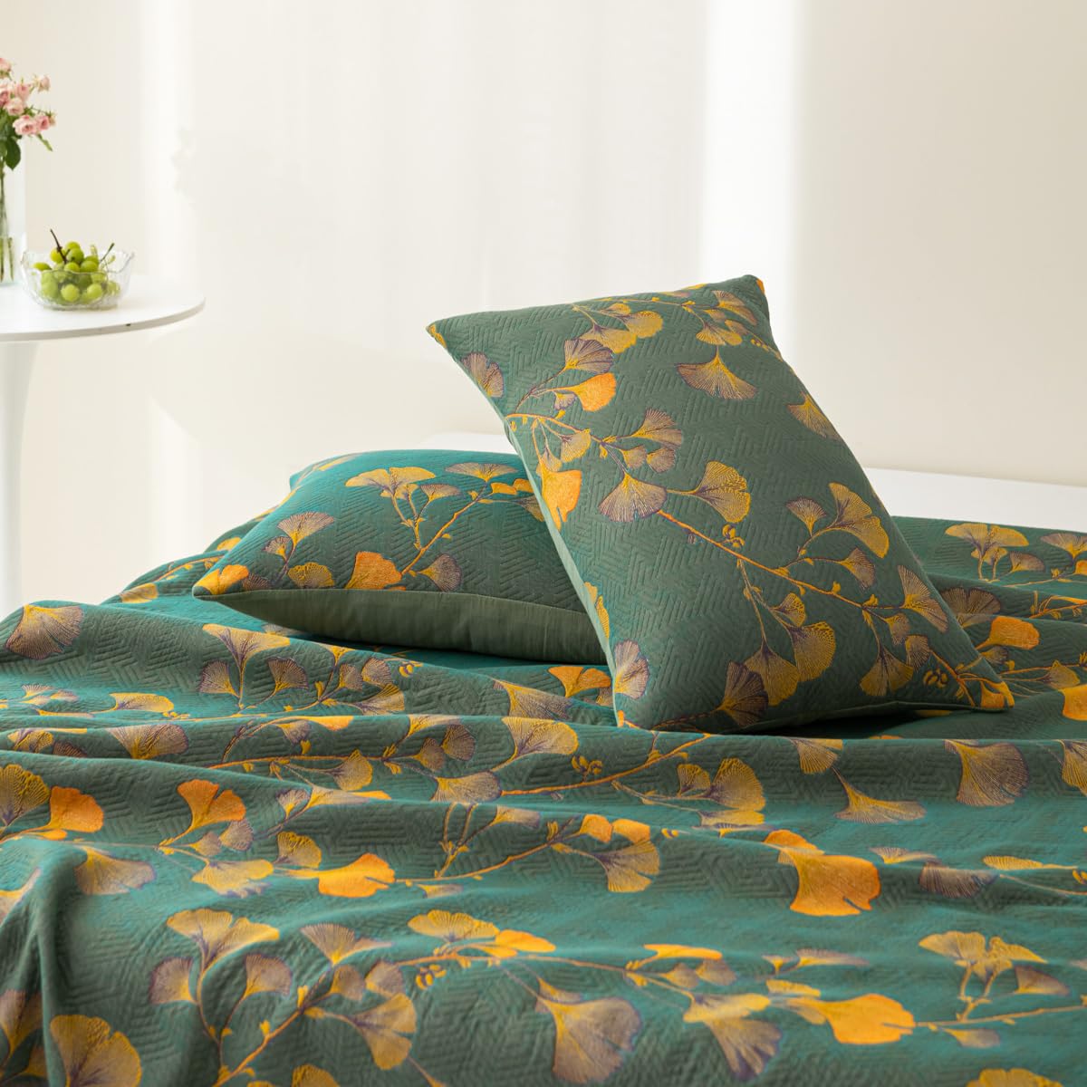 Sorika | Coperta in Cotone con Foglia di Ginkgo Reversibile e Design Jacquard con Miscela di Fibra di Soia