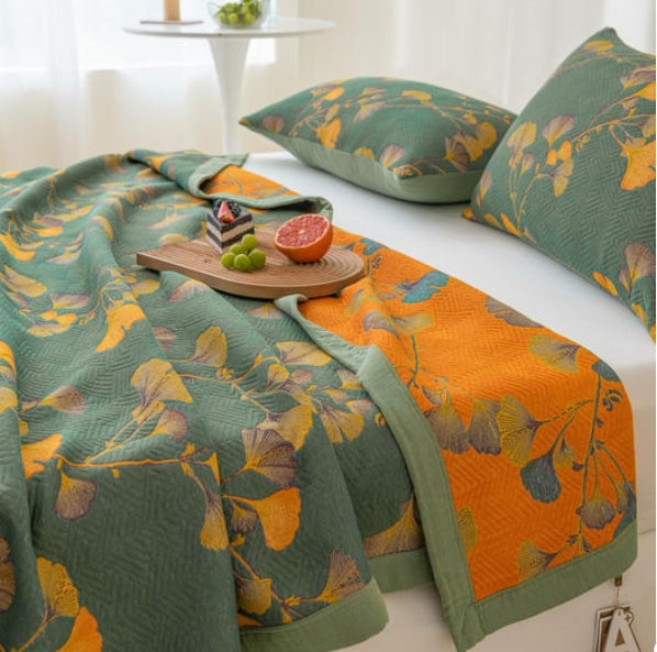 Sorika | Coperta in Cotone con Foglia di Ginkgo Reversibile e Design Jacquard con Miscela di Fibra di Soia