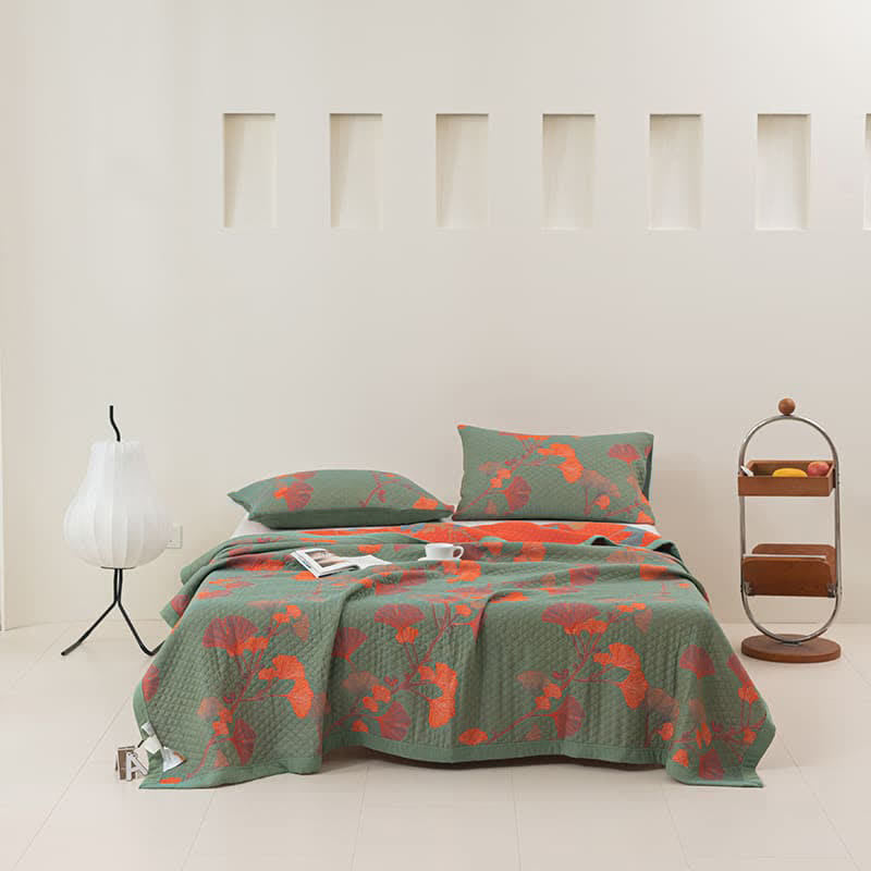 Talune | Coperta in Cotone Biologico con Design Jacquard Traspirante a 3 Strati a Foglia di Ginkgo