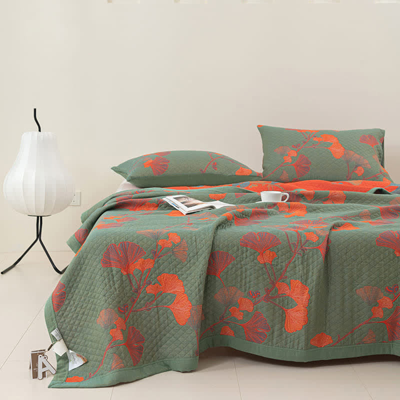 Talune | Coperta in Cotone Biologico con Design Jacquard Traspirante a 3 Strati a Foglia di Ginkgo