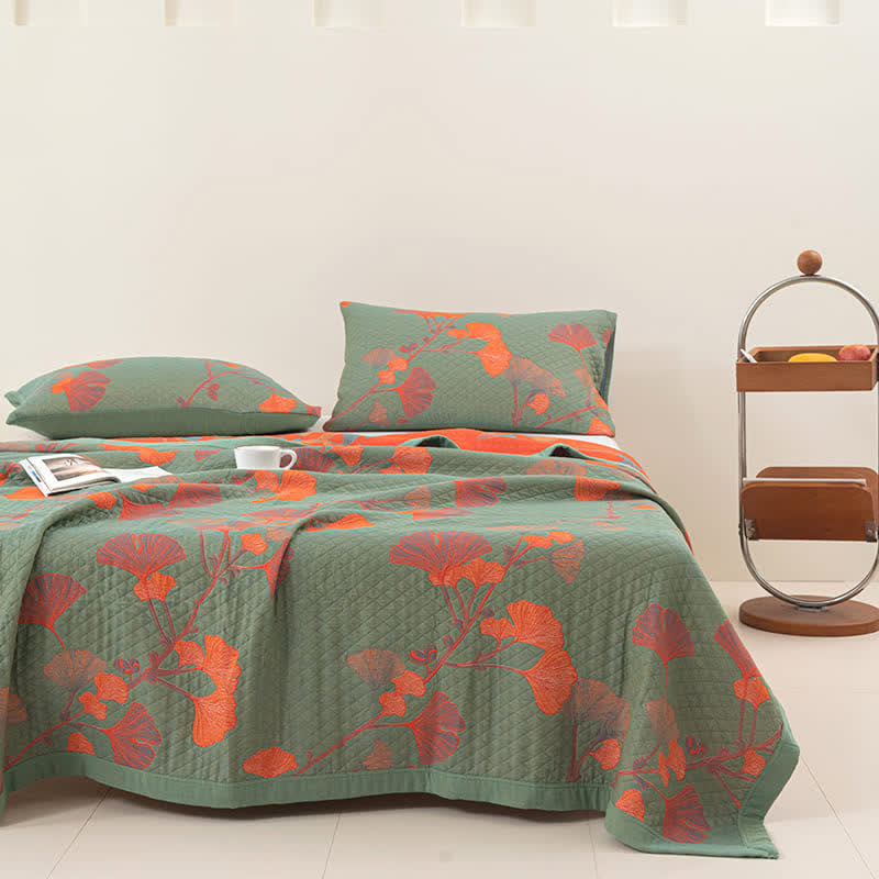 Talune | Coperta in Cotone Biologico con Design Jacquard Traspirante a 3 Strati a Foglia di Ginkgo