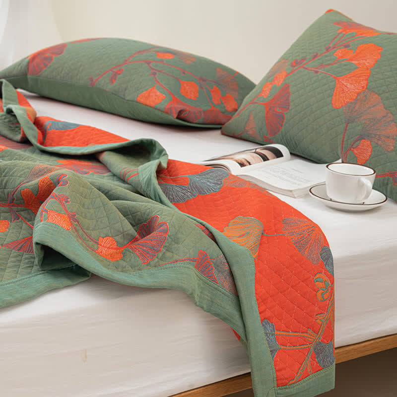 Talune | Coperta in Cotone Biologico con Design Jacquard Traspirante a 3 Strati a Foglia di Ginkgo