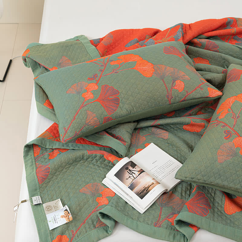 Talune | Coperta in Cotone Biologico con Design Jacquard Traspirante a 3 Strati a Foglia di Ginkgo