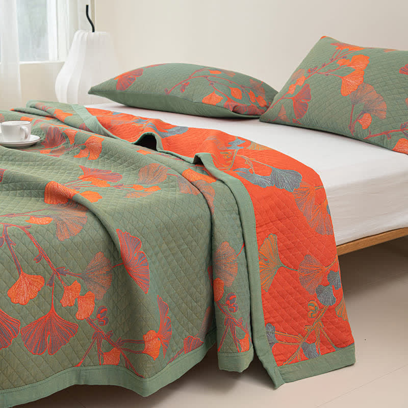 Talune | Coperta in Cotone Biologico con Design Jacquard Traspirante a 3 Strati a Foglia di Ginkgo