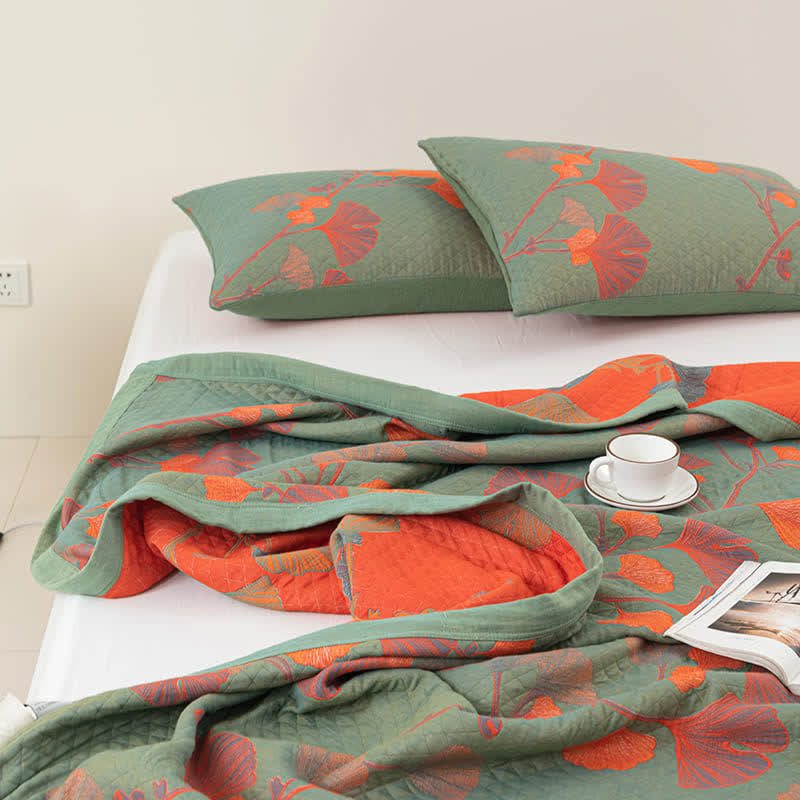 Talune | Coperta in Cotone Biologico con Design Jacquard Traspirante a 3 Strati a Foglia di Ginkgo