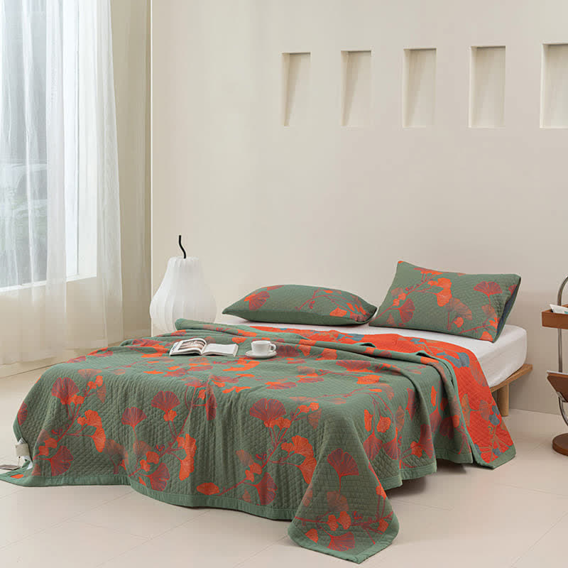 Talune | Coperta in Cotone Biologico con Design Jacquard Traspirante a 3 Strati a Foglia di Ginkgo