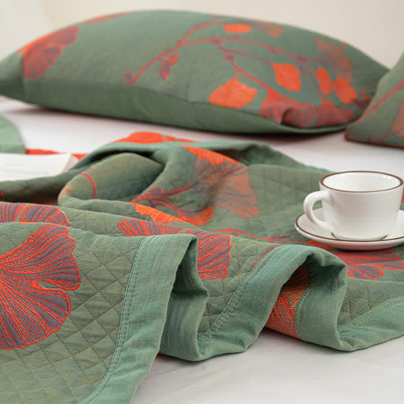 Talune | Coperta in Cotone Biologico con Design Jacquard Traspirante a 3 Strati a Foglia di Ginkgo