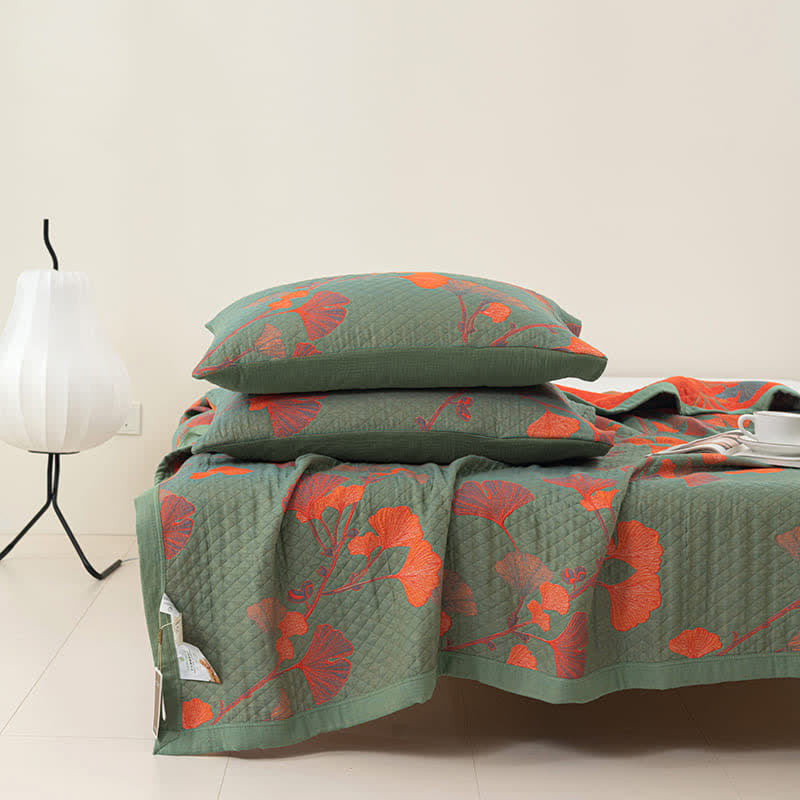 Talune | Coperta in Cotone Biologico con Design Jacquard Traspirante a 3 Strati a Foglia di Ginkgo