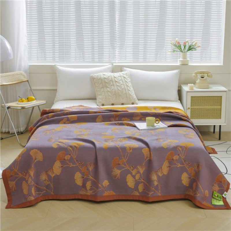 Sorika | Coperta in Cotone con Foglia di Ginkgo Reversibile e Design Jacquard con Miscela di Fibra di Soia