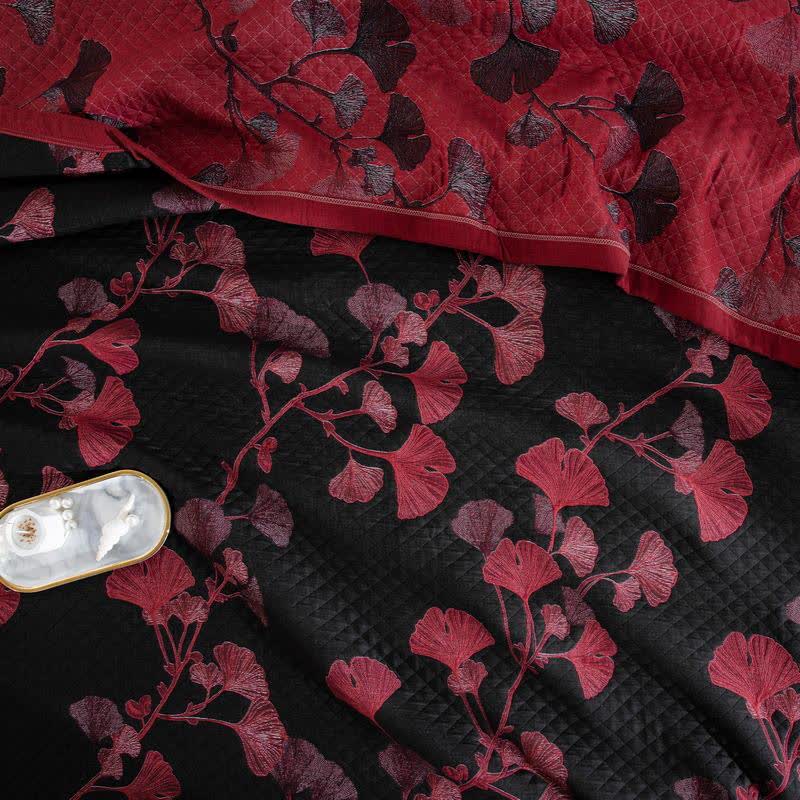 Talune | Coperta in Cotone Biologico con Design Jacquard Traspirante a 3 Strati a Foglia di Ginkgo