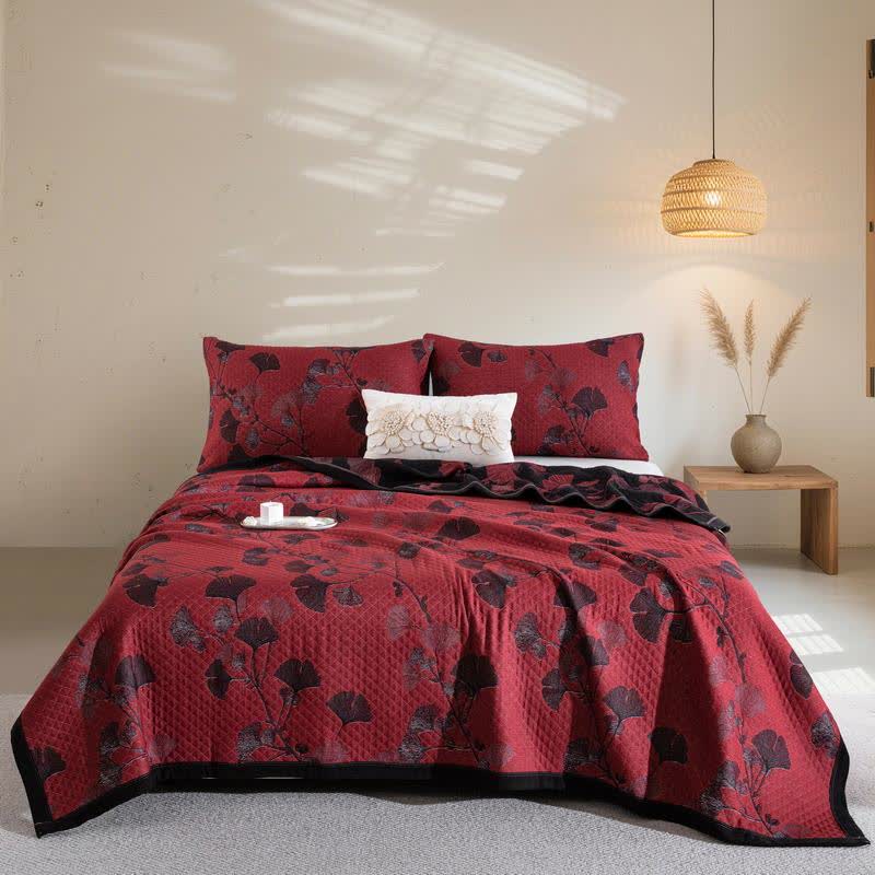 Talune | Coperta in Cotone Biologico con Design Jacquard Traspirante a 3 Strati a Foglia di Ginkgo