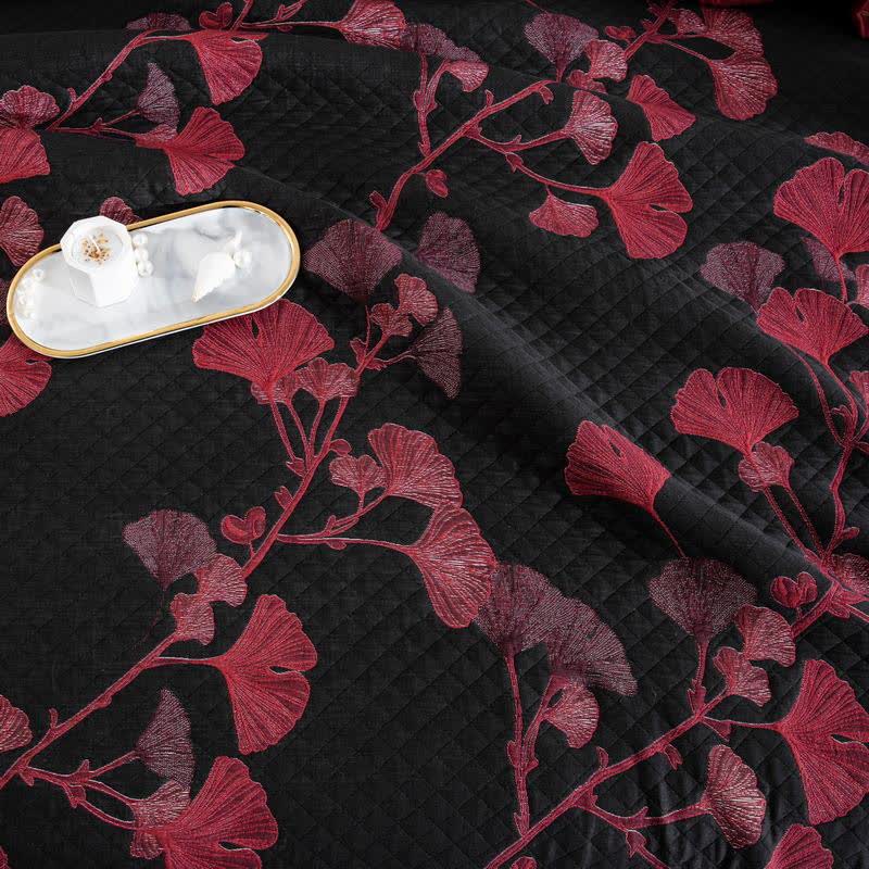 Talune | Coperta in Cotone Biologico con Design Jacquard Traspirante a 3 Strati a Foglia di Ginkgo