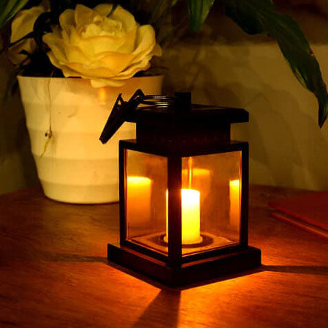 Lanterna da Appendere Solare con Candela LED e Pannelli di Vetro