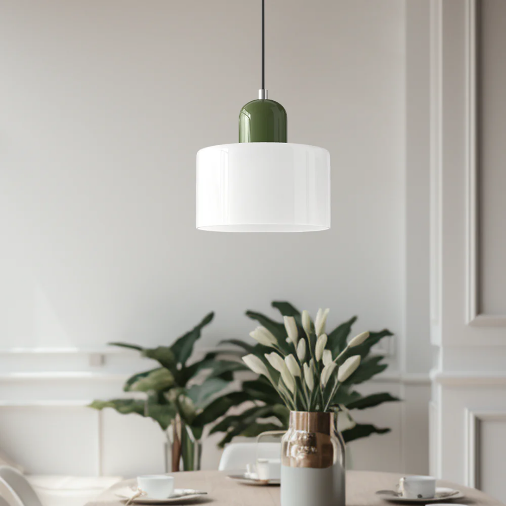 Tusa – Lampada a sospensione retro con cupola di vetro arancione e parte superiore verde