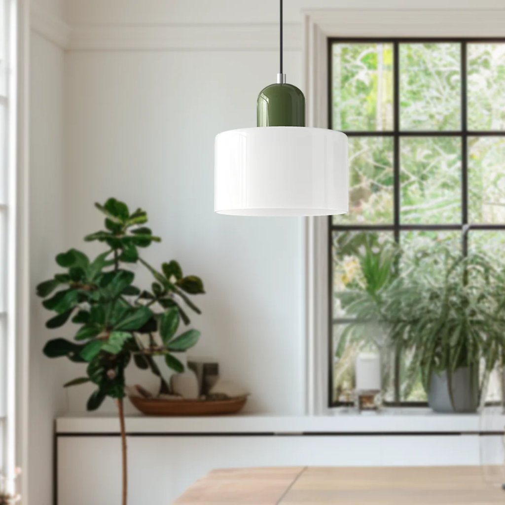 Tusa – Lampada a sospensione retro con cupola di vetro arancione e parte superiore verde