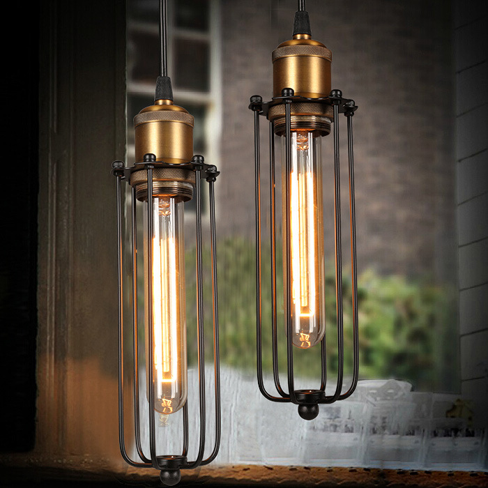 Lampada a sospensione retro industriale con gabbia in metallo