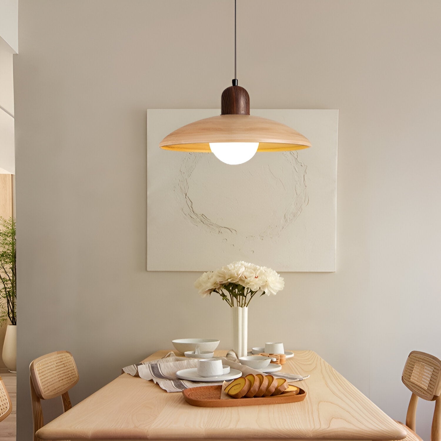 Nisellea | Lampada a sospensione Wabi-Sabi Japandi con finitura in noce e luce calda