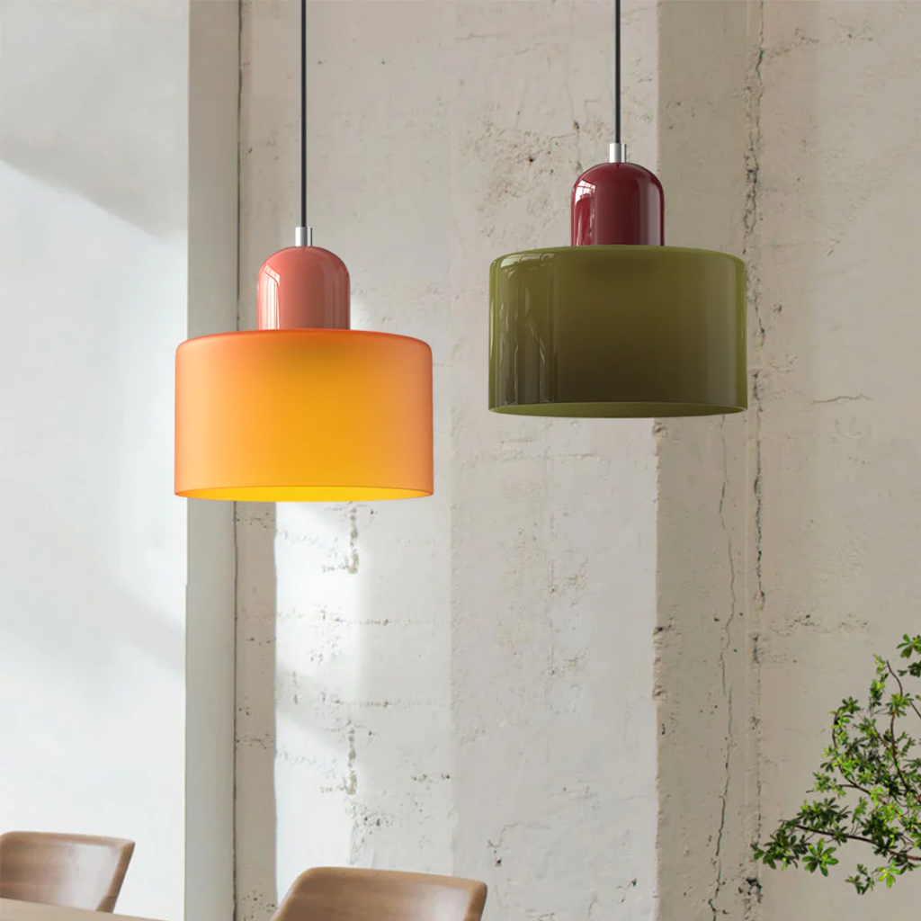 Tusa – Lampada a sospensione retro con cupola di vetro arancione e parte superiore verde