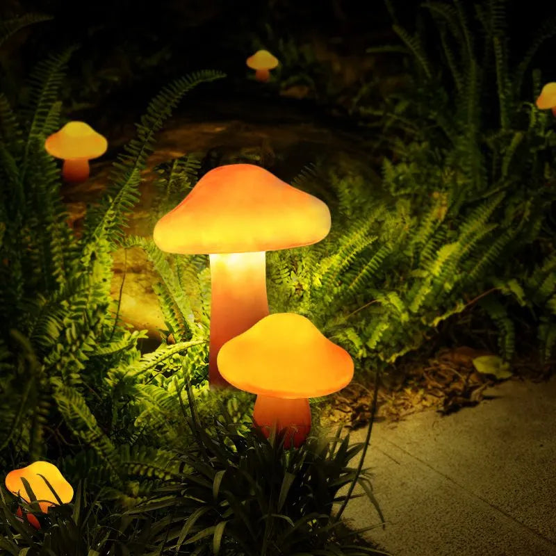 Set di Lampade da Giardino a LED a Forma di Fungo in Resina Arancione