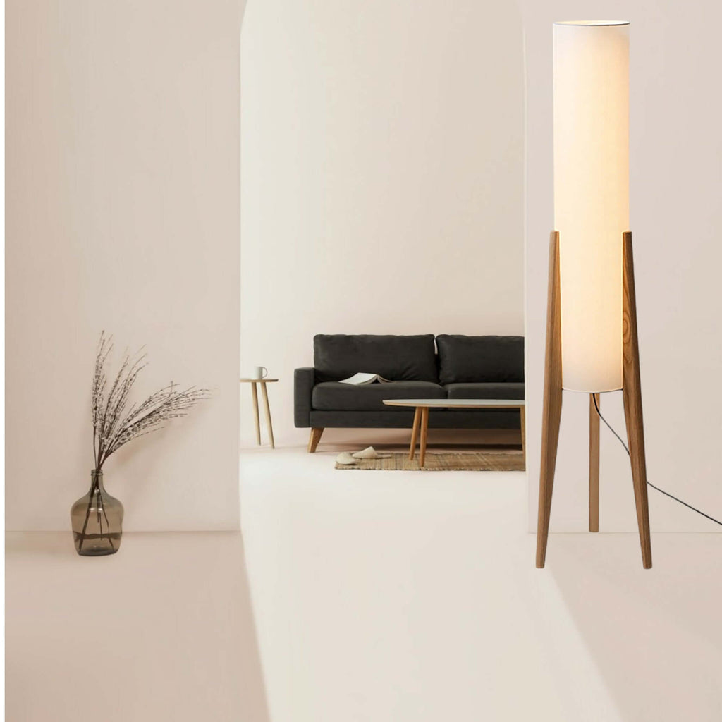 Lampada da Terra in Legno Massello con Paralume in Tessuto