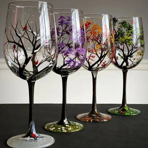 Bicchieri da Vino Albero delle Quattro Stagioni Dipinti a Mano Arte Unica