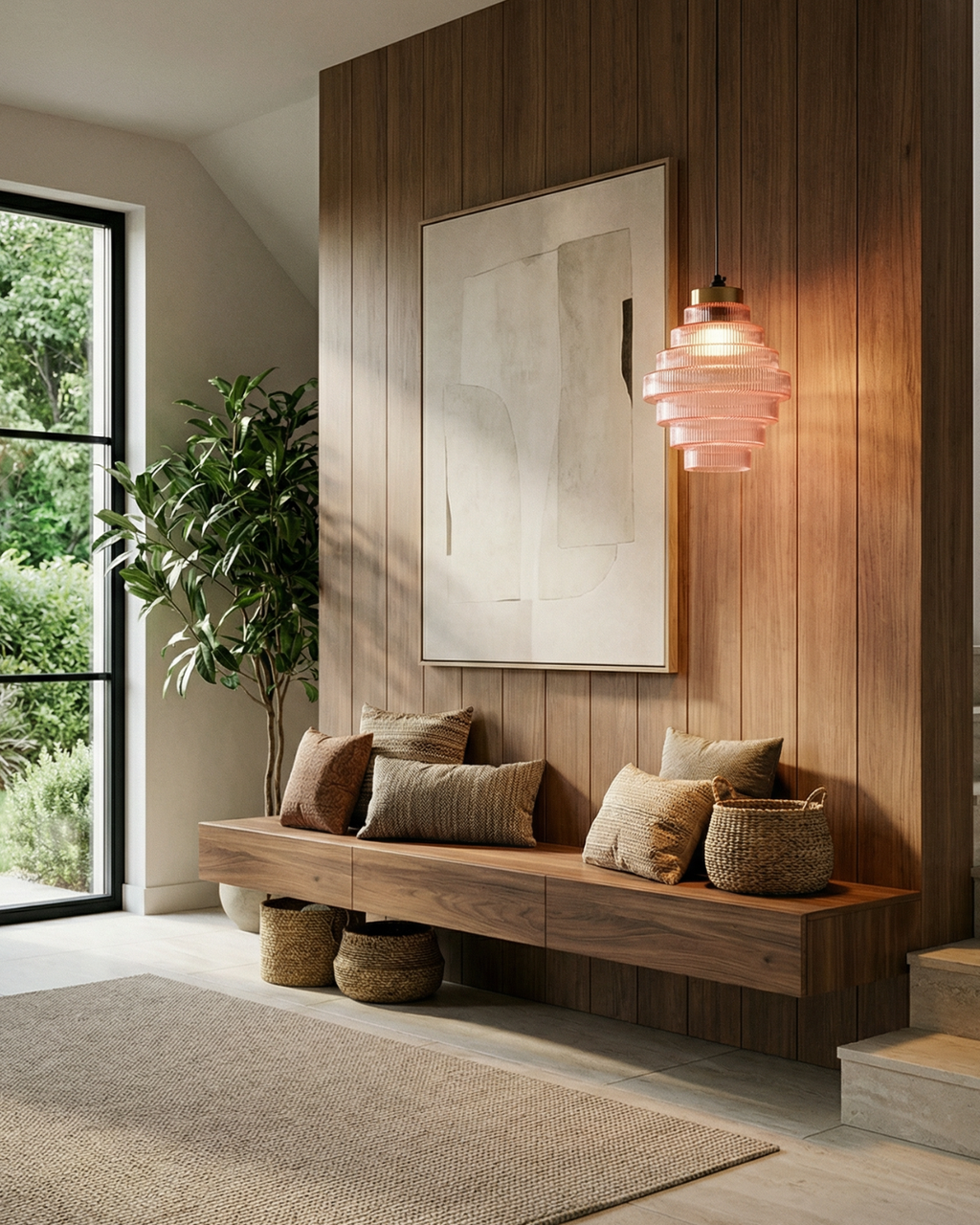 Elvoria | Lampada a sospensione in vetro architettonico con pannelli stratificati e design minimalista Japandi