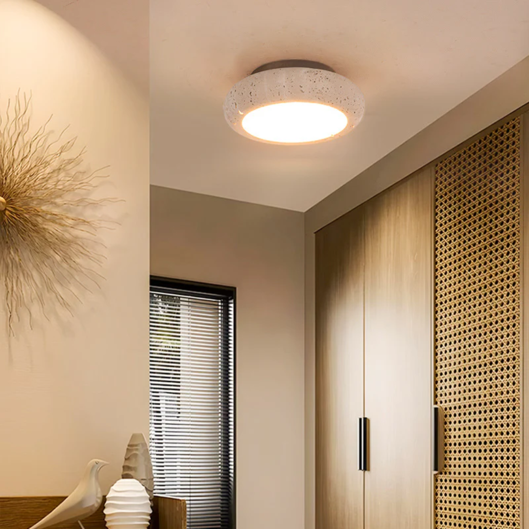 Rava - Lampada da soffitto retro in travertino con accenti in legno