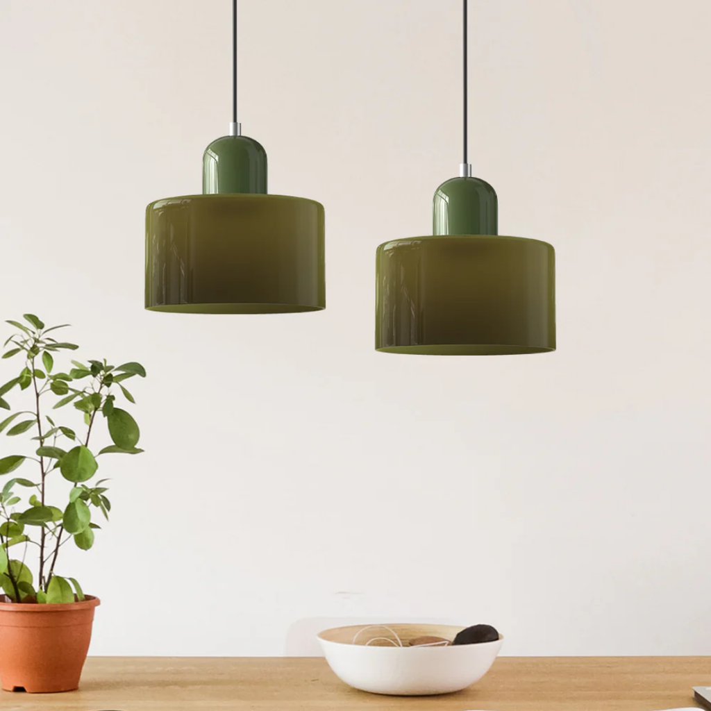 Tusa – Lampada a sospensione retro con cupola di vetro arancione e parte superiore verde