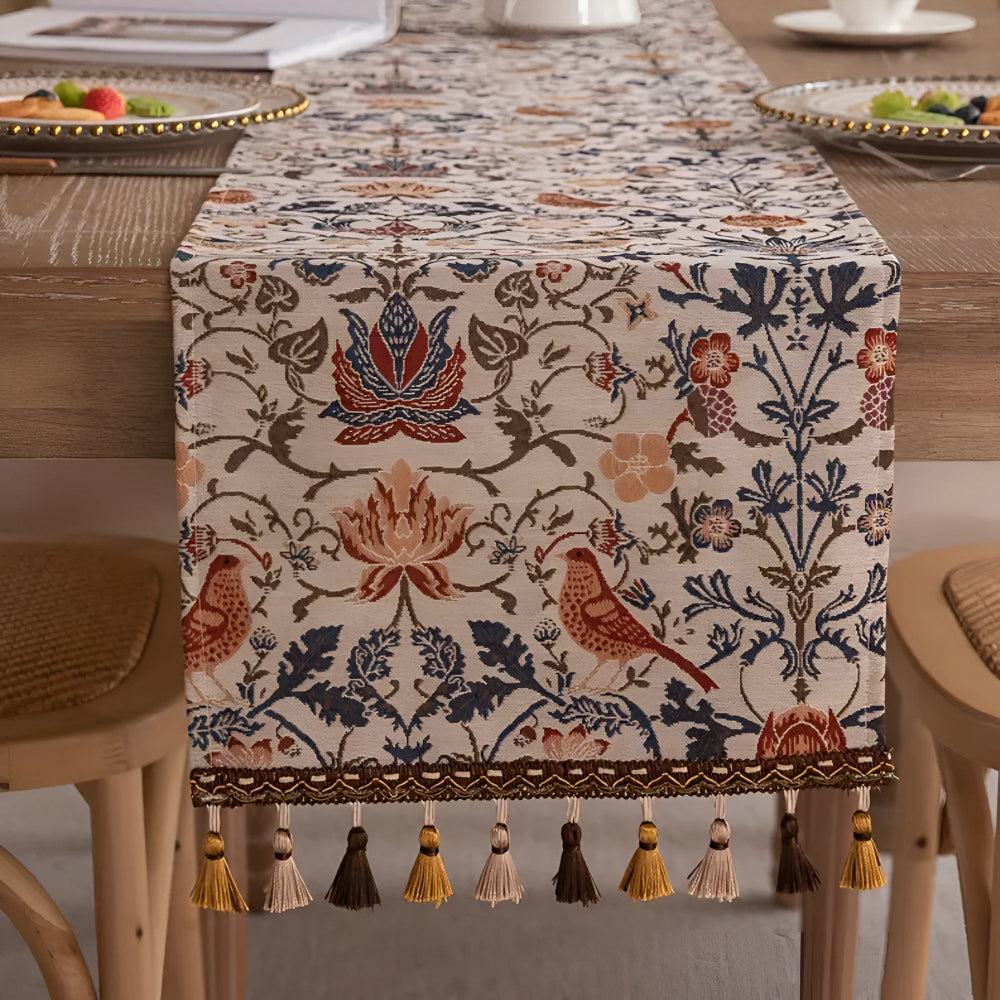 Runner da Tavola Jacquard Vintage con Fiori e Uccelli