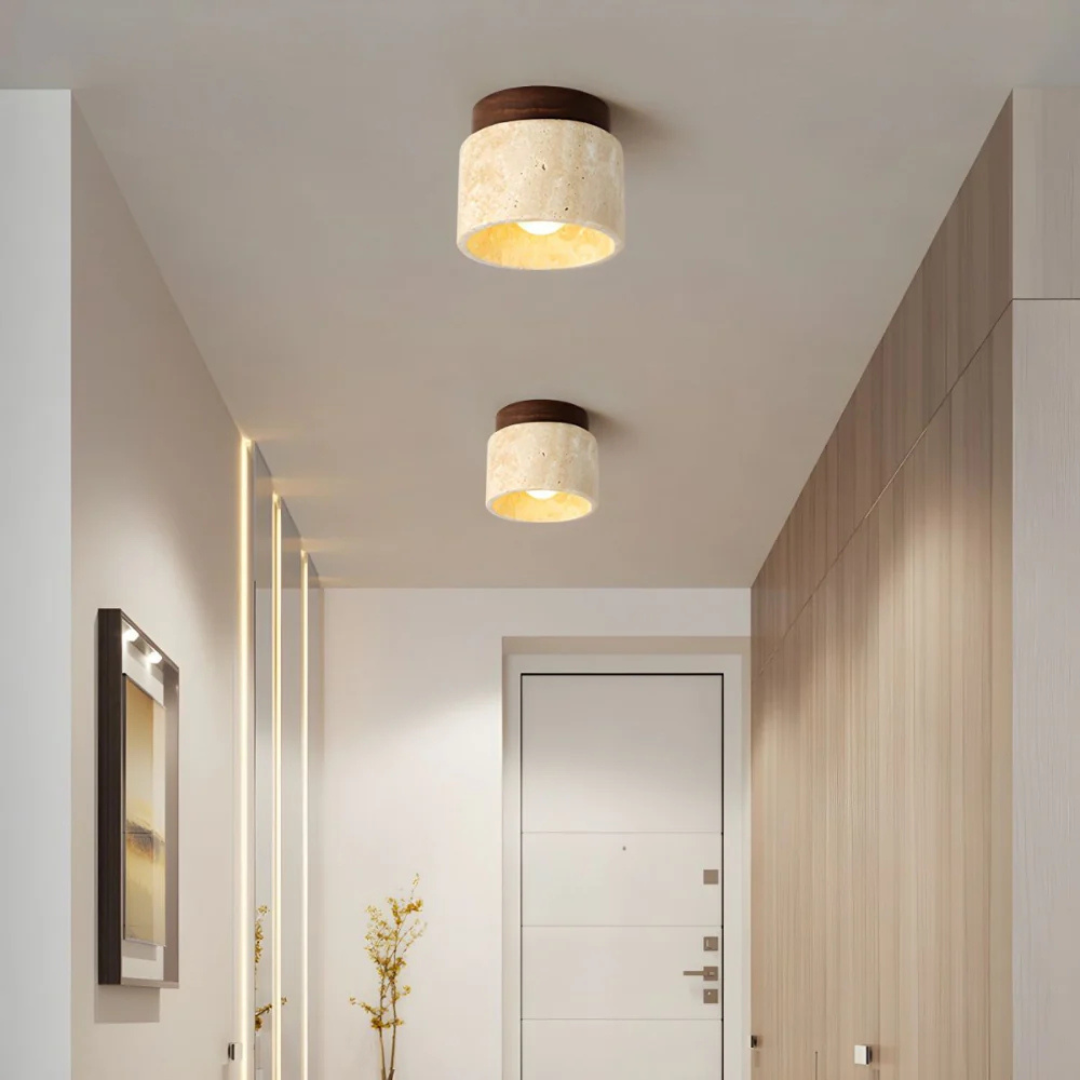 Radia - Lampada da Soffitto Cilindrica in Travertino con Accento in Legno