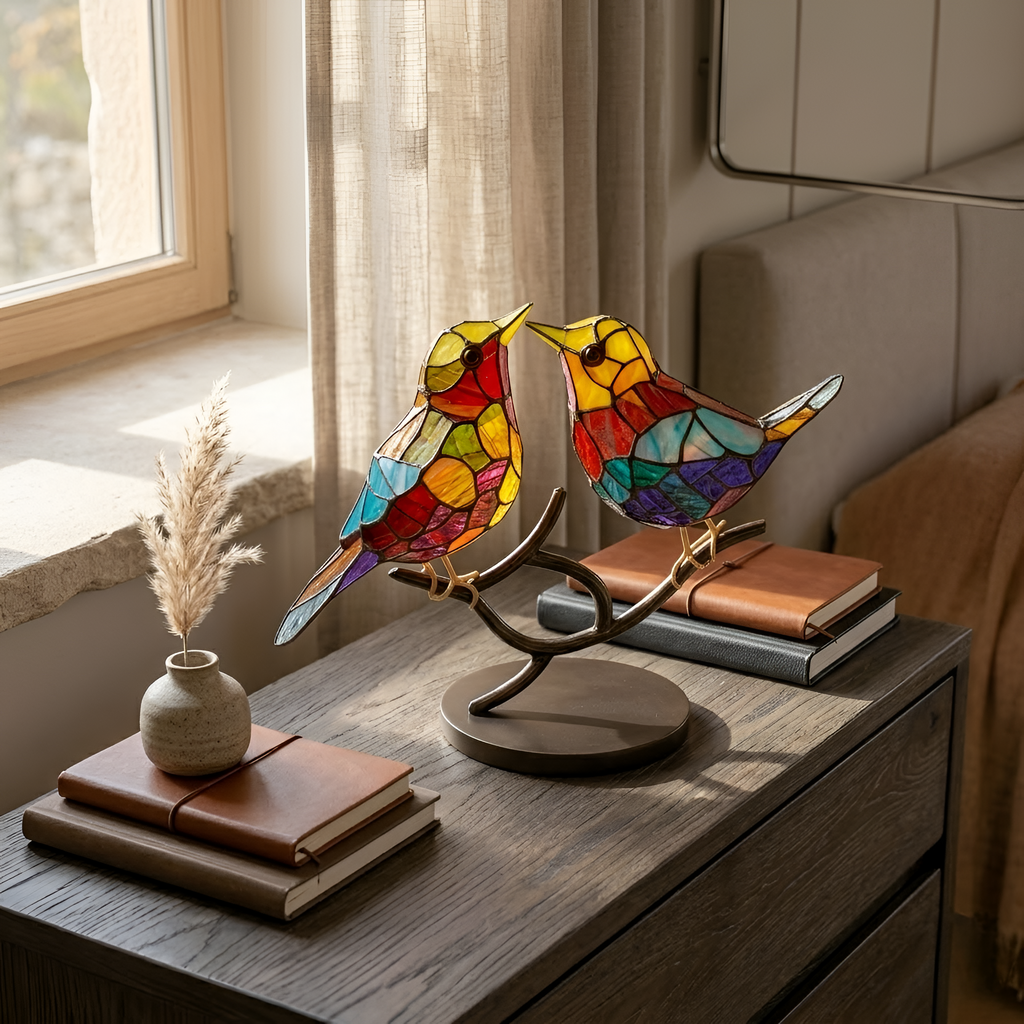 Gabriel - Decorazione colorata in acrilico con ramoscello e uccellino