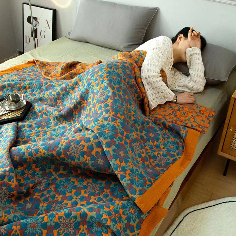 Coperta in Cotone a Sei Strati con Motivo Blu – TerraLoom Coperta Comfort