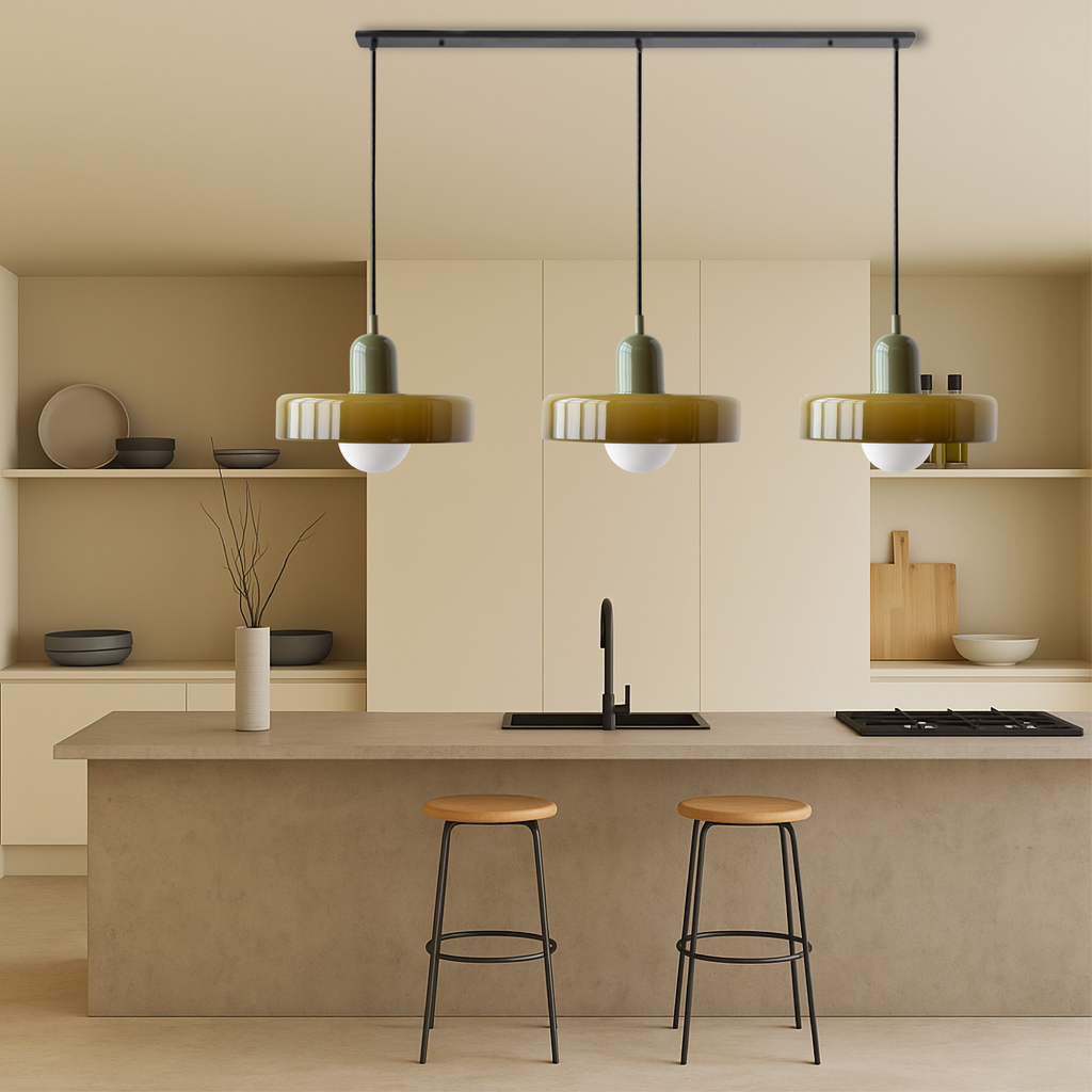 Lampada a sospensione in vetro colorato Bauhaus a 3 teste per spazi abitativi moderni