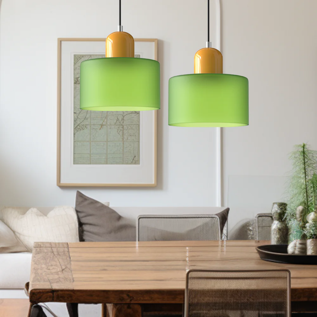Tusa – Lampada a sospensione retro con cupola di vetro arancione e parte superiore verde