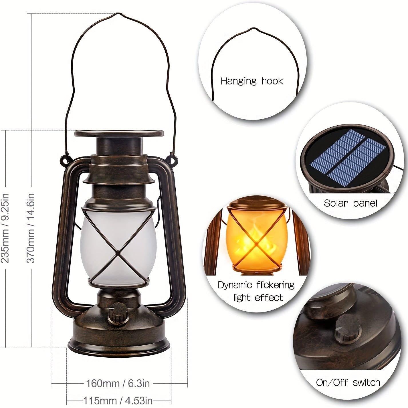 Set di 2 Lanterne Solari – Lampade LED Vintage con Fiamma Danzerina per Giardino e Patio